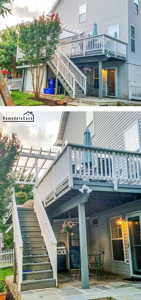 Large Second Story Deck Ideas, Deck Stairs Ideas Second Story, Second Story Deck With Patio Below, Elevated Deck Designs Second Story, Two Story Covered Deck, Rear Deck Ideas Backyards, Small Second Story Deck, Second Floor Deck Privacy Ideas, Upstairs Deck Ideas Second Story