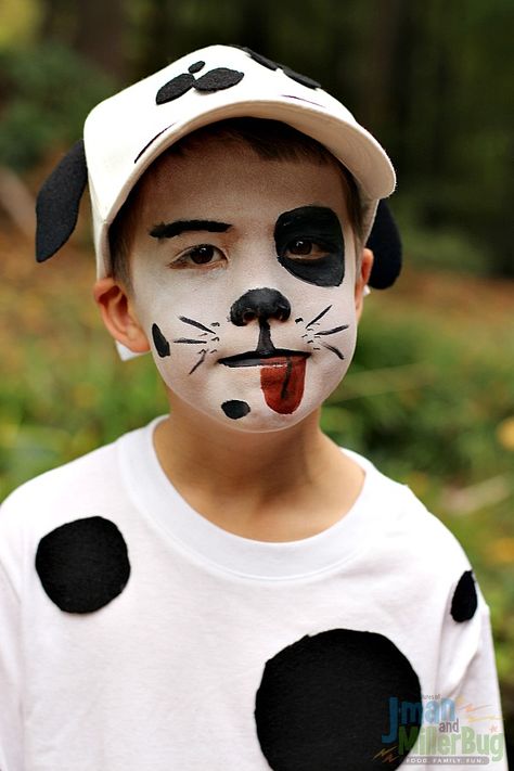 Puppy Dog Face Paint Easy, 101 Dalmations Costume For Kids Diy, Homemade Dalmatian Costume, Dalmatian Face Paint Kids, Diy Puppy Costume For Kids, Diy Dalmation Costume Kids, Dalmatian Face Paint, Dalmation Face Paint, Diy Dalmatian Costume