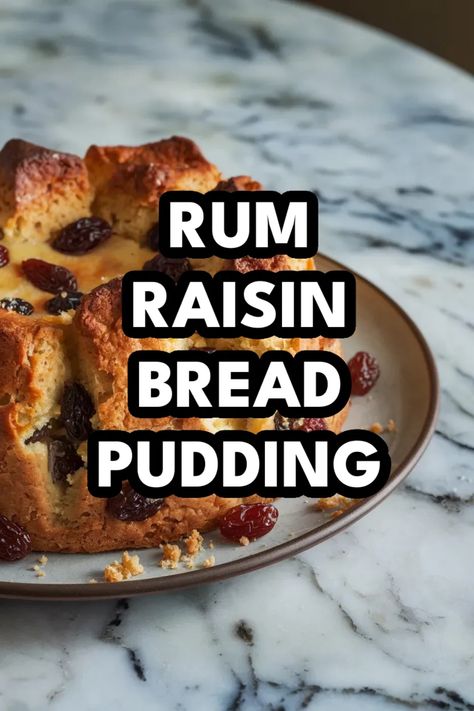 A photo of a  Rum Raisin Bread Pudding a winter baking recipes Rum Raisin Bread Pudding, Rum Raisin Bread, Cinnamon Raisin Bread Pudding, Rum Bread Pudding, Winter Baking Recipes, Raisin Bread Pudding, Meals For Three, Winter Baking, Christmas Baking Recipes