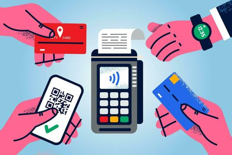 Diverse people hands with smartphone, credit card and smartwatch pay on POS terminal. Clients make payment using contactless wireless method. NFC concept. Vector illustration. Pos Terminal, Diverse People, Line Illustration, Card Illustration, Smartwatch, Smart Watch, Vector Art, Vector Free, Credit Card