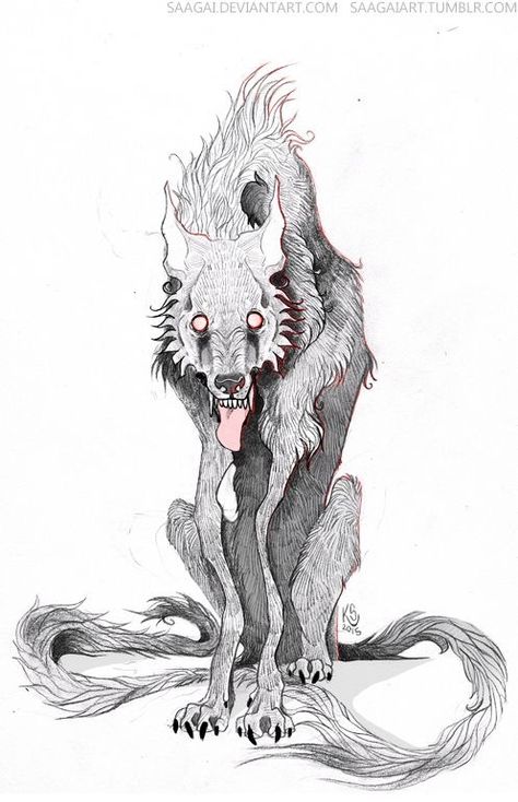 Dark Animal Art, Hound Of Ill Omen, Werewolf Creepy, Scary Animal Drawings, 3 Headed Dog Drawing, Wendigo Drawing, Demon Animal, Wolf Creature, Horror Animals