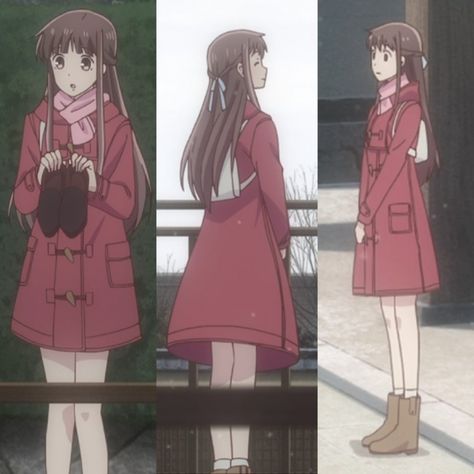 tohru honda - red coat and pink scarf outfit Tohru Honda Clothes, Tohru Honda Inspired Outfits, Tohru Honda Hairstyles, Tohru Honda Outfit Ideas, Tohru Honda Manga, Tohru Honda Aesthetic, Tohru Honda Outfit, Shojo Outfits, Toru Honda