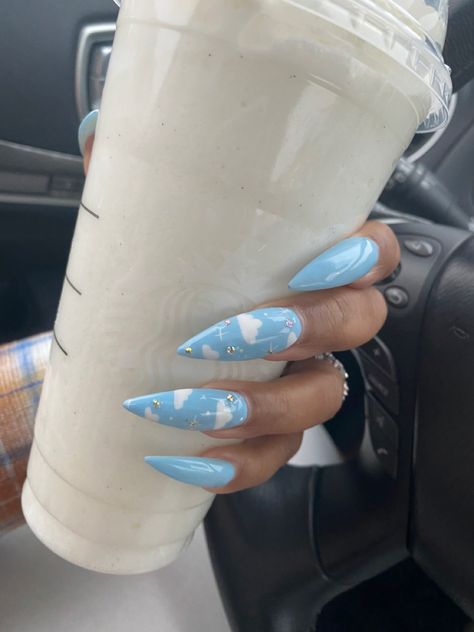 Blue Sky Nails Art Designs, Sky Blue Nail Art Designs, Baby Blue Acrylic Nails Coffin, Baby Blue Stiletto Nails, Blue Nails With Clouds, Cloud Nails Acrylic, Blue Cloud Nails, Nails With Clouds, Cloud Nail Designs