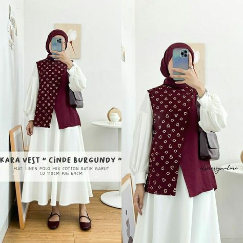 Vest Outfits Hijab, Umroh Outfit, Tunik Hijab Style, Kuliah Outfit, Batik Outer, Mix And Match Outfits Hijab, Batik Clothing, Work Vest, Batik Modern