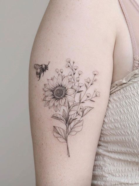 Bee And Sunflower Tattoo, Sunflower Bee Tattoo, Sunflower Fine Line Tattoo, Bumble Bee Tattoo Flowers, Bee With Flowers Tattoo, Sunflower And Bee Tattoo, Bee Flower Tattoo, Sunflower Bouquet Tattoo, Beau Tattoo