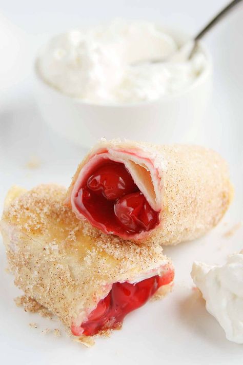 Cherry Empanadas - Cherry pie filling is wrapped in a flour tortilla, fried, and rolled in cinnamon sugar for a decadent dessert. Cherry Empanadas, Dessert Empanadas Recipe, Tortilla Dessert, Cherry Pie Filling Recipes, Cherry Recipes Dessert, Cream Cheese Pie, Fried Pies, Pie Filling Recipes, Flour Tortilla