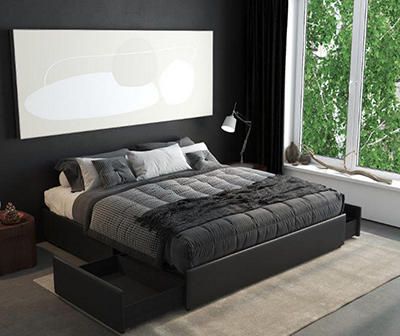 Black Upholstered Bed, Black Platform Bed, Platform Storage, Cama King Size, Full Platform Bed, King Platform Bed, Linen Furniture, Cama King, Platform Bed With Storage