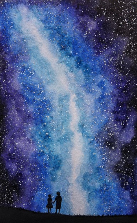 Watercolor galaxy ⭐ Watercolor Stars Sky, Sky With Stars Drawing, Watercolor Space Art, Drawing Stars Sky, Star Sky Painting, Watercolor Art Space, Watercolor Space Painting, Blue Background Painting Ideas, Watercolor Art Night Sky