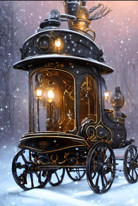 Carriage Concept Art, Fantasy Carriage Art, Fantasy Carriage Concept Art, Christmas Fantasy Art, Fantasy Carriage, Steampunk Art Illustration, Steampunk Carriage, Medieval Carriage, Steampunk Art Fantasy