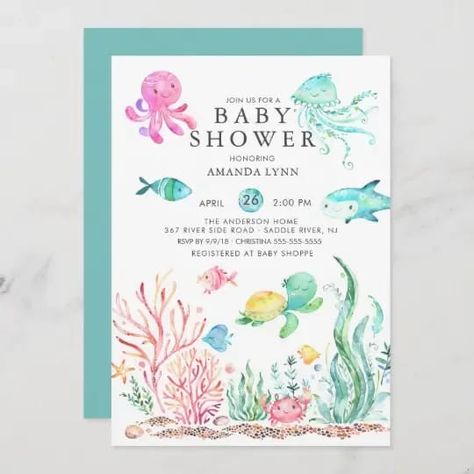 Cute Under the Sea Baby Shower Invitation Under The Sea Birthday Party, Summer Party Invitations, Ocean Birthday, Under The Sea Birthday, Sea Baby Shower, Mermaid Birthday Invitations, Sea Birthday Party, 2nd Birthday Invitations, Baby Shower Invitaciones