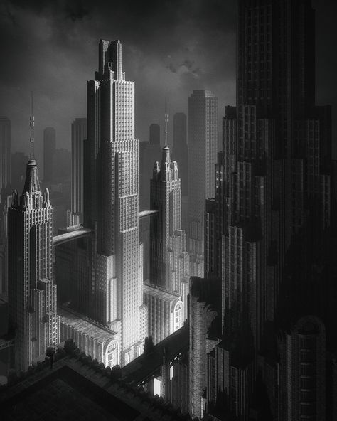 Art Deco Building Illustration, Dieselpunk City, Hugh Ferriss, Art Deco City, Dark Deco, Building Illustration, Deco Poster, Art Deco Buildings, Dark City