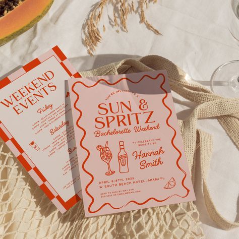 Get ready to shine at your bachelorette party with our Sun and Spritz Bachelorette Weekend Invitation, Itinerary, and Packing Checklist Canva Template! This bright and fun hand-drawn design captures the essence of a sunny getaway, featuring a cheerful sun motif and refreshing spritz cocktail graphics. Our customizable template includes everything you need to kick off your bachelorette celebration in style. Send out vibrant invitations that set the tone for a fun-filled weekend, create a detailed Bachelorette Trip Invitations, Tropical Party Invite, Amalfi Coast Bachelorette Party, Aperol Spritz Bridal Shower Invitation, Aperol Spritz Invitation, Aperol Spritz Themed Bachelorette, Beach Wedding Motif, Sun And Spritz Bachelorette, Last Spritz Bachelorette