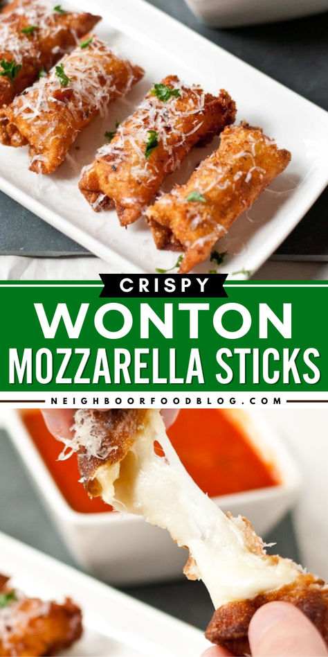 This game day menu idea is one of the things to make with wonton wrappers! These wonton mozzarella sticks are an easy Super Bowl recipe that's ready in just 30 minutes. Wonderfully crispy and gooey, these homemade mozzarella sticks are a perfect football appetizer! Fried Ziti, Wonton Mozzarella Sticks, Wonton Wrapper Recipes Appetizers, Wonton Appetizer Recipes, Wrapper Recipes, Wonton Appetizers, Homemade Mozzarella Sticks, Wonton Wrapper Recipes, Football Friday