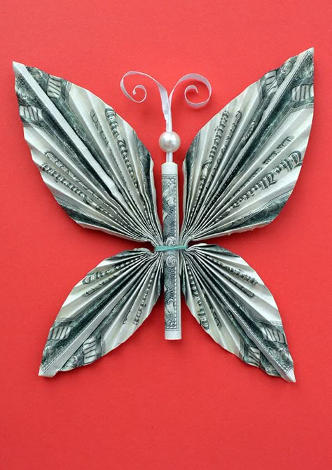 Butterfly Lei Dollar Bills, Money Dress Dollar Bills, How To Make A Butterfly Out Of Money, Folding Money Into Flowers, Butterfly Dollar Bill, Money Butterfly Origami, Origami Dollar Bills, Money Flowers Diy Dollar Bills, Money Butterflies