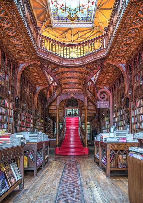 Lighting, Interior design, Ceiling, Shelf, Shelving, Interior design, Hall, Light fixture, Aisle, Carpet, Library Goals, Porto Portugal Travel, Livraria Lello, Portugal Cities, Old Libraries, Portugal Travel Guide, Dream Library, Beautiful Library, European Architecture