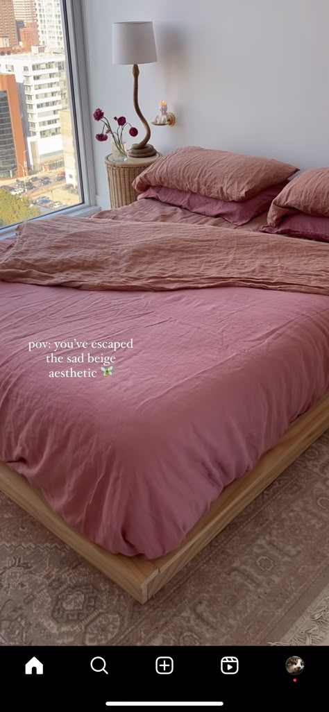 Colorful Bedding Combos, Colorful Aesthetic Apartment, Soft Girl Apartment Aesthetic, Red And Pink Bedding, Cassandra Noel Home, Apartment Bedding Ideas, Pink Bedding Room Ideas, Pink Bedding Ideas, Girly Boho Bedroom