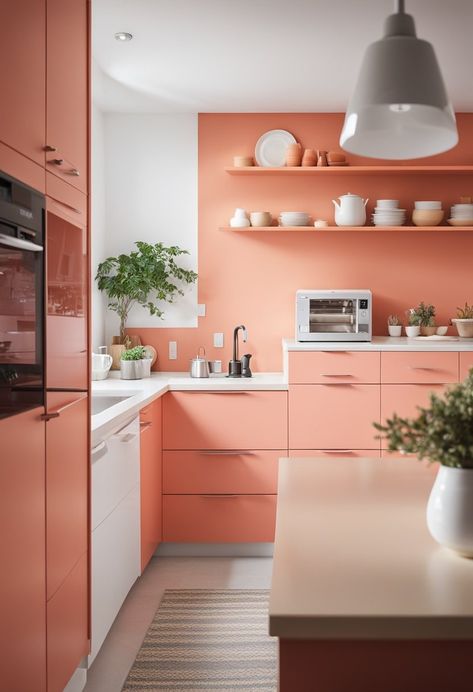 Coral Kitchen Ideas, Coral Wall Color, Coral Kitchen Cabinets, Peach Kitchen Cabinets, Two Tone Kitchen Cabinets Color Combinations, Coral Kitchen, Coral Colour Palette, Bright House, Kitchen Cabinets Color Combination