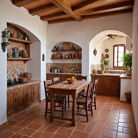 spanish style/living kitchen Spanish Kitchen Island Ideas, Small Kitchen Mediterranean Style, Southern Spanish Home, Artisan Style Home, Kitchen Interior Spanish, Spanish Mountain Home, Spanish Style Interior Design Living Room, Colombian Style Home, Vintage Mexican Aesthetic House