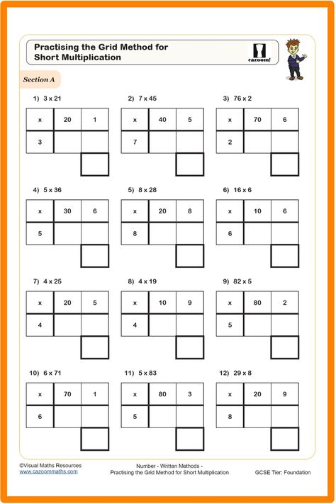 Explore the engaging worksheet for practicing short multiplication using the grid method. The carefully crafted questions focus on multiplying a two-digit number by a single digit, helping learners master this math technique with ease. Perfect for interactive learning and building confidence in math skills. Year 9 Maths Worksheets, Ks3 Maths Worksheets, Year 8 Maths Worksheets, Ks1 Maths Worksheets, Year 6 Maths Worksheets, Year 5 Maths Worksheets, Year 7 Maths Worksheets, Year 4 Maths Worksheets, Year 7 Maths