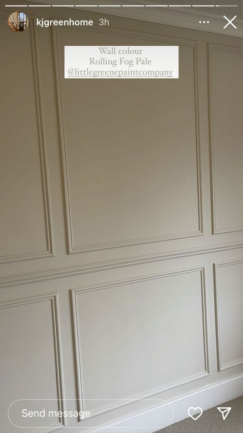 Cream Wall Panelling Living Room, Classy Wall Panelling, Taupe Panelled Walls, Panelled Walls Beige, Panelled Living Room Ideas, Wall Moulding Modern, Pale Green Panelling, Panelled Walls Bedroom Beige, Beige Walls Bedroom