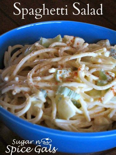 Spaghetti Salad - Sugar n' Spice Gals Cold Spaghetti Salad Recipes With Mayo, Creamy Spaghetti Salad, Spagetti Salad Recipes, Leftover Spaghetti Noodles, Daycare Recipes, Cold Spaghetti Salad, Spaghetti Pasta Salad, Leftover Spaghetti, Noodle Salad Cold