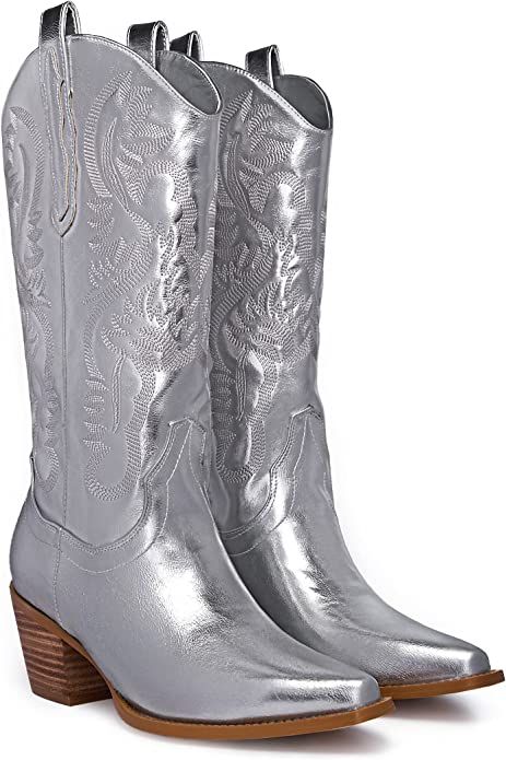 Amazon.com | GOSERCE Western Cowboy Mid Wide Calf Boots Pull-Up Tabs Embroidered Sparkly Glitter Metallic Cowgirl Boots for Women Pointy Toe Chunky Low Heel 2.5" Silver,8 | Mid-Calf Metallic Cowgirl Boots, Metallic Cowgirl, Cowgirl Boots For Women, Tall Cowgirl Boots, Knee High Cowboy Boots, Cowboy Boots For Women, Pink Cowgirl Boots, Metallic Boots, Boot Pulls