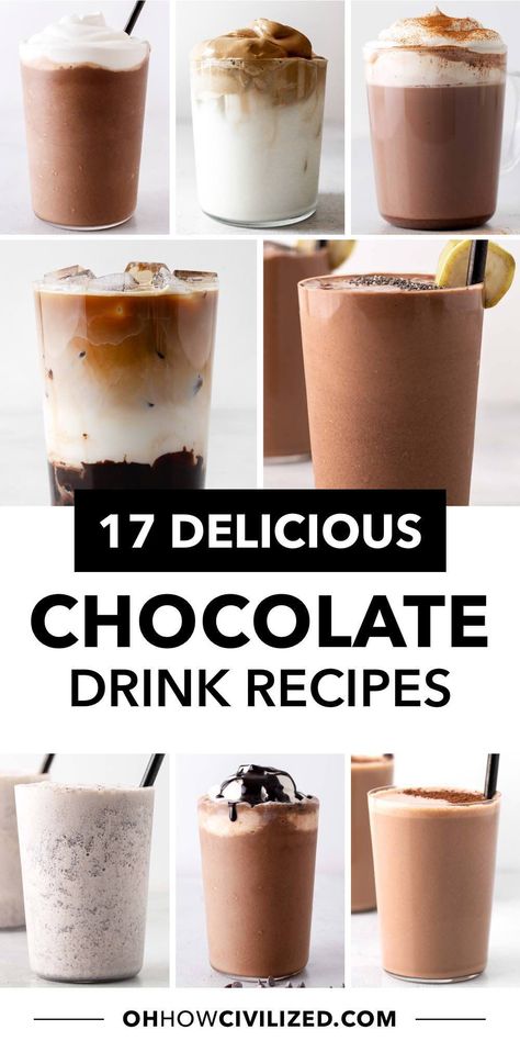 To satisfy your chocolate craving, try these delicious drinks from iced mochas and Frappuccinos to hot chocolates. #chocolatedrinks #chocolaterecipes #mocha #hotchocolate Iced Chocolate Coffee, Chocolate Coffee Drink, Special Hot Chocolate, Hot Chocolate Drink Recipes, Cold Chocolate Drinks, Cocoa Drink Recipe, Iced Chocolate Drink, Iced Hot Chocolate Recipe, Gourmet Drinks