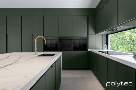 KITCHEN / Photo Gallery / Polytec Matt Green Kitchen, Olive Green Kitchen Island, Polytec Kitchen, Coloured Kitchens, Kitchen 2025, Cabbage Tree, Kitchen Moodboard, Prime Oak, Kitchen Color Trends