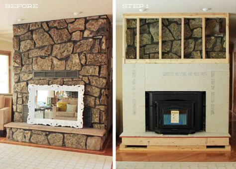 Fireplace-Cover-Up-Side-by-Side Fireplace Cover Up, Cover Fireplace, Reface Fireplace, Painted Stone Fireplace, Stone Fireplace Makeover, Rock Fireplace, Fireplace Redo, Fireplace Update, Stone Fireplaces