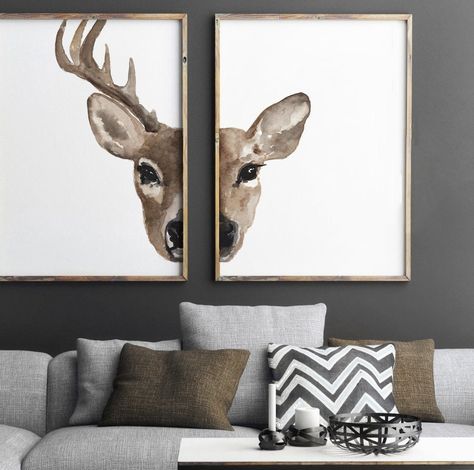 Antler Wall Art, Picture Displays, Bedroom Illustration, Brown Wall Decor, Antler Wall, Deer Wall Art, Buck And Doe, Deer Painting, Head Art