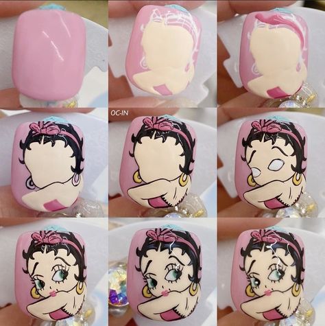 Character Nail Art Valentines, Betty Boop Acrylic Nails, Betty Boop Nails Designs, Betty Boop Nails, Superhero Nails, Cartoon Nail Designs, Camo Nails, Vday Nails, Acrylic Nails At Home