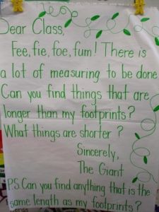 Class Messages. This one is for Measurement and planting seeds - Jack and the Beanstalk.  You could write messages and sign them from different characters/animals to fit your weekly theme/story...Brown Bear, Pete the Cat, Little Quack, Goldilocks, etc. Measurement Kindergarten, Fairy Tales Preschool, Fairy Tales Unit, Measurement Activities, Traditional Tales, Math Measurement, Jack And The Beanstalk, Primary Maths, Ffa