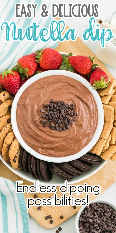 This easy and creamy Nutella dip is one of the best dips for fruits, strawberries, and even salty things like pretzels! Nutella Dipped Strawberries, Kid Friendly Dips, Dip For Strawberries, Nutella Fruit Dip, Strawberries And Nutella, Nutella Desserts Easy, Best Dips, Nutella Dip, Almond Bark Recipes