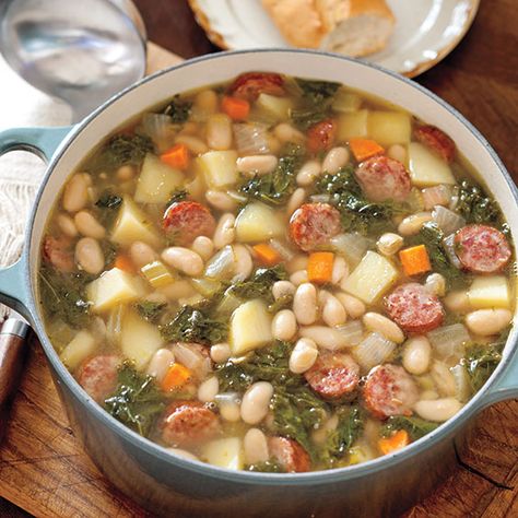 Sausage, Kale, and White Bean Soup - Paula Deen Magazine White Bean Sausage Soup, Soup Sausage, Kale And White Bean Soup, Kale And Bean Soup, Kale And White Bean, Bean And Sausage Soup, Sausage Kale, White Bean Soup Recipes, Paula Deen Recipes