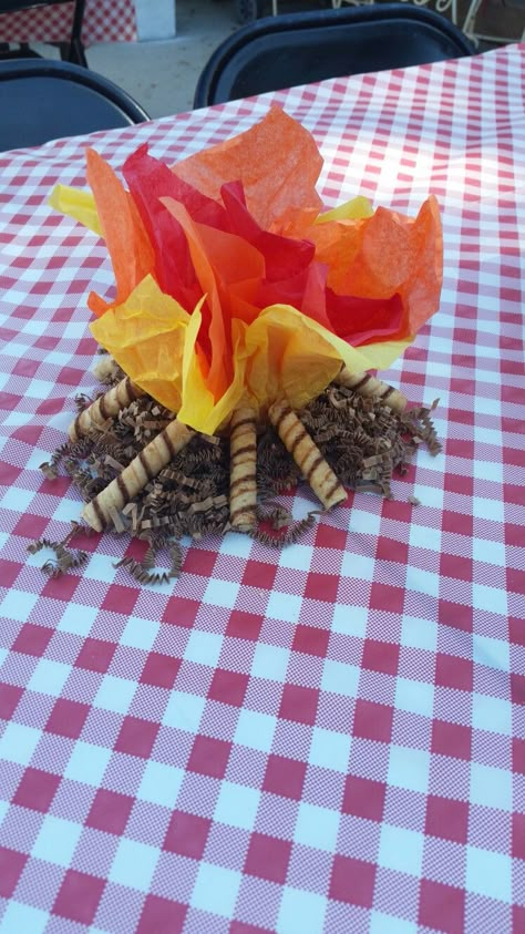 Dollar tree campfire centerpieces  -tissue paper  -brown decorative shred -piroulines -battery operated flickering lights (ALL FROM THE DOLLAR TREE!) Campfire Party Decorations, Preschool Camping, Happy Camper Birthday Party, Camping Theme Preschool, Campfire Party, Paper Towel Crafts, Feasts Of The Lord, Summer Themes, Indoor Camping