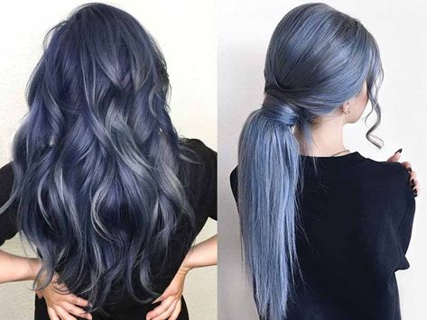 Blue Hair Kpop, Navy Blue Hair Color, Grey Blue Hair, Blue Hair Blonde, Denim Blue Hair, Blue Grey Hair, Blue Hair Color, Navy Blue Hair, Dyed Hair Blue