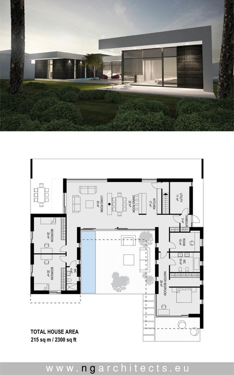 Modern villa AJ designed by NG architects www.ngarchitects.eu Modern House Floor Plans, Modern Minimalist House, Modern Villa Design, House Layout Plans, Architectural House Plans, Modern Villa, Plans Modern, Beautiful House Plans, Contemporary House Plans