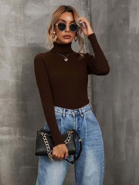 Turtleneck Solid Rib-knit Sweater | SHEIN USA Brown Turtleneck Outfit, Black Turtleneck Outfit, Outfit Elegantes, Batwing Sleeve Sweater, Women Turtleneck, Turtleneck Outfit, Drop Shoulder Sweaters, Womens Turtleneck, Black Turtleneck