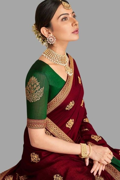 Maroon Dress Outfit, Maroon Saree, Simple Saree Designs, Maroon Wedding, Indian Designer Sarees, Simple Sarees, Indian Wedding Wear, Maroon Dress, Indian Bridal Outfits