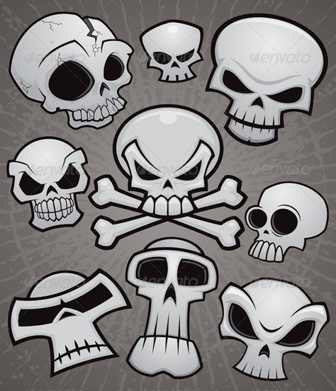 Cartoon Skull Collection  #GraphicRiver         A collection of vector cartoon skulls in various styles. High-resolution PSD and JPG files included along with Illustrator AI and EPS files. Cartoon Skull, Skulls And Bones, Skull Collection, Skulls Drawing, Graffiti Characters, Graffiti Cartoons, Skull Artwork, Skull Drawing, Graffiti Drawing