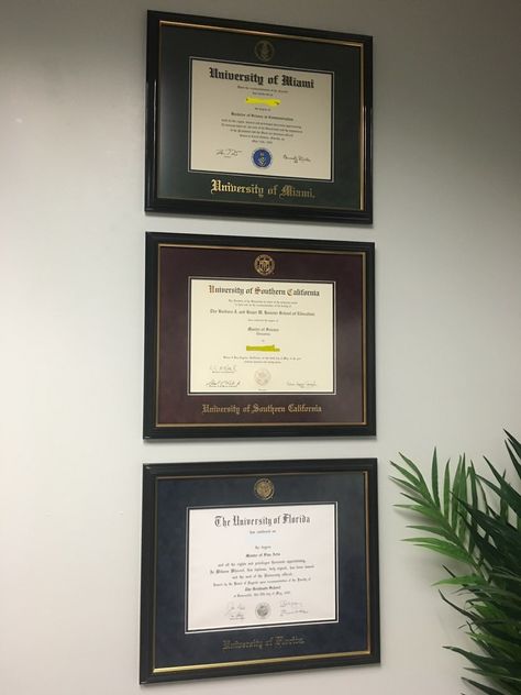 Diploma Display Office, Diploma Vision Board, Certificate Frames On Wall, Wall Certificate Display, Office With Diplomas On Wall, Certificate Vision Board, Displaying Diplomas In Office, Degree On Wall, Degree Display Office