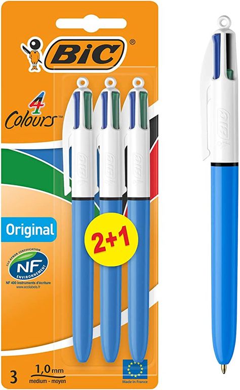 BIC 4 Colours Original, Retractable Ballpoint Pens, Ideal for School, Medium Point (1.0mm), Multi-coloured, Pack of 3 : Amazon.co.uk: Stationery & Office Supplies Coloured Pens, Multi Color Pen, Bic Pens, Office Branding, Writing Pens, Colored Pens, Bullet Journals, Bullet Journaling, Ink Pen Drawings