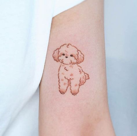 Scattered Tattoo Ideas, Korean Dog Tattoo, Kawaii Dog Tattoo, Pet Portrait Tattoos, Donut Tattoo, Pet Tattoo Ideas, Poodle Tattoo, Pixie Tattoo, Puppy Tattoo