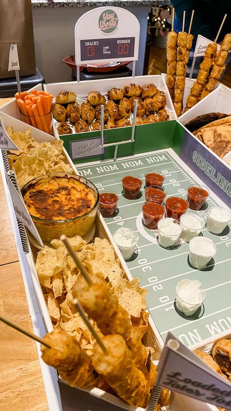 How to Make an Epic Football Snack Stadium — Chelsea Made It Food Stadium Superbowl, Football Stadium Food, Football Stadium Snack Display, First Down Football Birthday Party Food, Football Watch Party Food, Stadium Snack Display, Superbowl Party Decorations Diy, Diy Snack Stadium, Football Snack Stadium