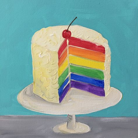 Rainbow cake acrylic painting by Marcyartsy Simple Cake Painting, Birthday Cake Painting Acrylic, Cake Acrylic Painting, Rainbow Cake Drawing, Birthday Cake Art, Cake Paintings, Wayne Thiebaud Cakes, Simple Arts, Cake Bday