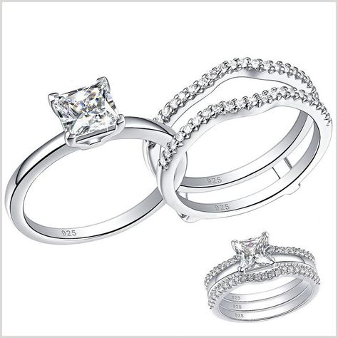 SHELOVES Solitaire Princess CZ Engagement Rings Set Wedding Band Guard Ring Double Band Wedding Ring, Double Band Engagement Ring, Wedding Ring Enhancers, Ring Enhancers, Wedding Ring Guard, Double Wedding Bands, Engagement Rings Set, Guard Ring, Wedding Rings Set