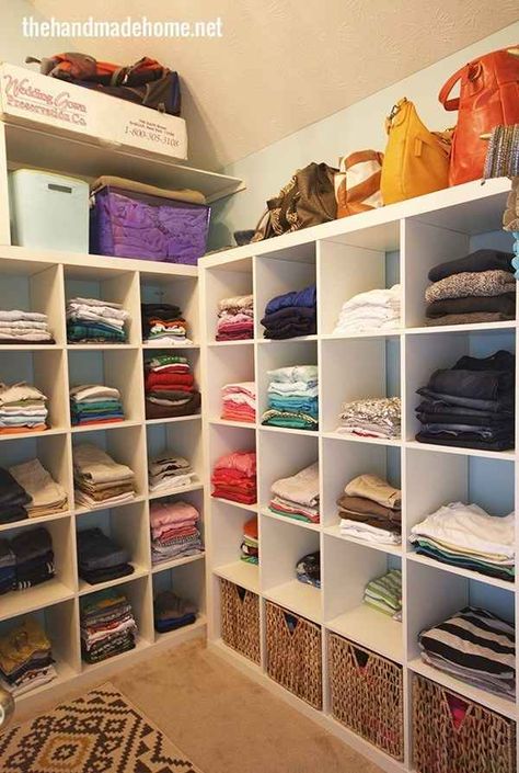 Big Kallax shelves can equal instant organization if you’re okay with ditching your rod space. Organising Ideas, Closet Transformation, Family Closet, Organized Closet, Kallax Shelf, Tiny Closet, Closet Remodel, Kallax Ikea, Large Closet