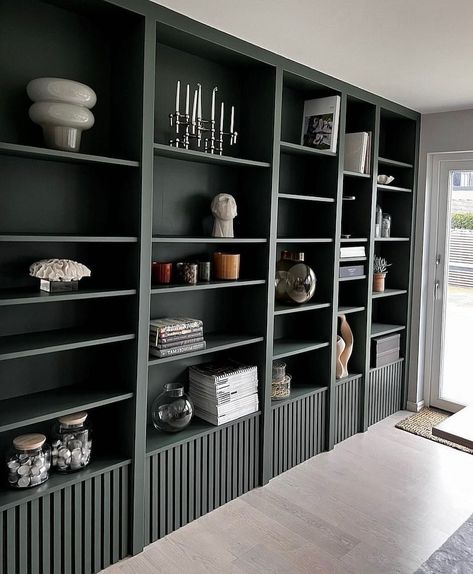 Ikea Office Furniture Hacks, Ikea Shelving Hacks Billy Bookcases, Billy Bookshelf Painted, Ikea Hack Library Wall, Built In Furniture Ideas, Billy Bookcase Drawers, Bookcase Paint Colors, Billy Hack Bookcases, Paint Billy Bookcase