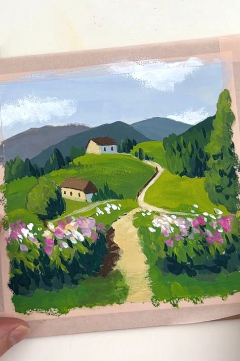 Gouache painting landscape ★ Gauche Painting Ideas Easy, Gouache Acrylic Painting, Guache Easy Painting, Nice Landscape Painting, Guache Painting Aesthetic, What To Paint With Gouache, Gouache Easy Paintings, Guache Painting Ideas Simple, Landscape Reference For Painting