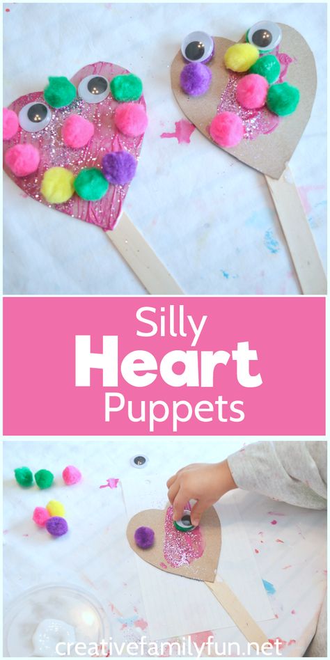 Silly Heart Puppets: an open-ended Valentines craft for your toddlers and preschoolers Valentines Day Crafts For Preschoolers, Toddler Valentine Crafts, February Crafts, Valentine Craft, Valentinstag Party, Valentine's Day Crafts For Kids, Preschool Valentines, Valentine Activities, Toddler Valentines